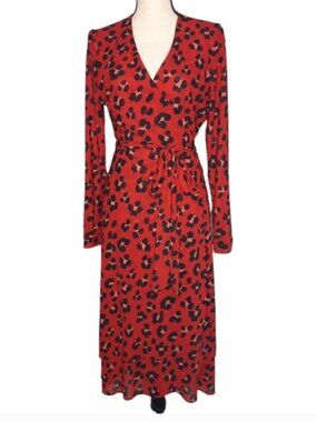 Cabi Siren Red Lepard Print Wrap Midi Dress Sz Small